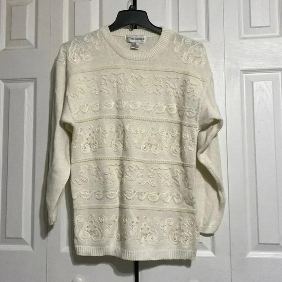 Victoria Harbour cream sequin & pearls cotton knit sweater size Medium - Picture 1 of 12